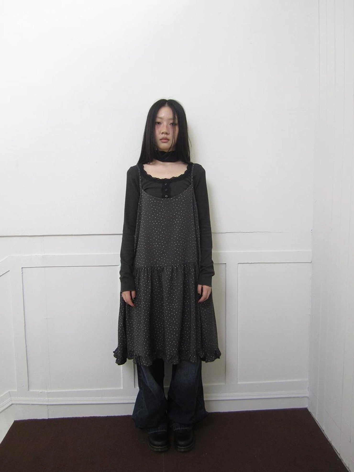 ang project Lightweight Polka Dot Print Layered Slip Dress V-neck T-shirt Long Sleeve Dresses