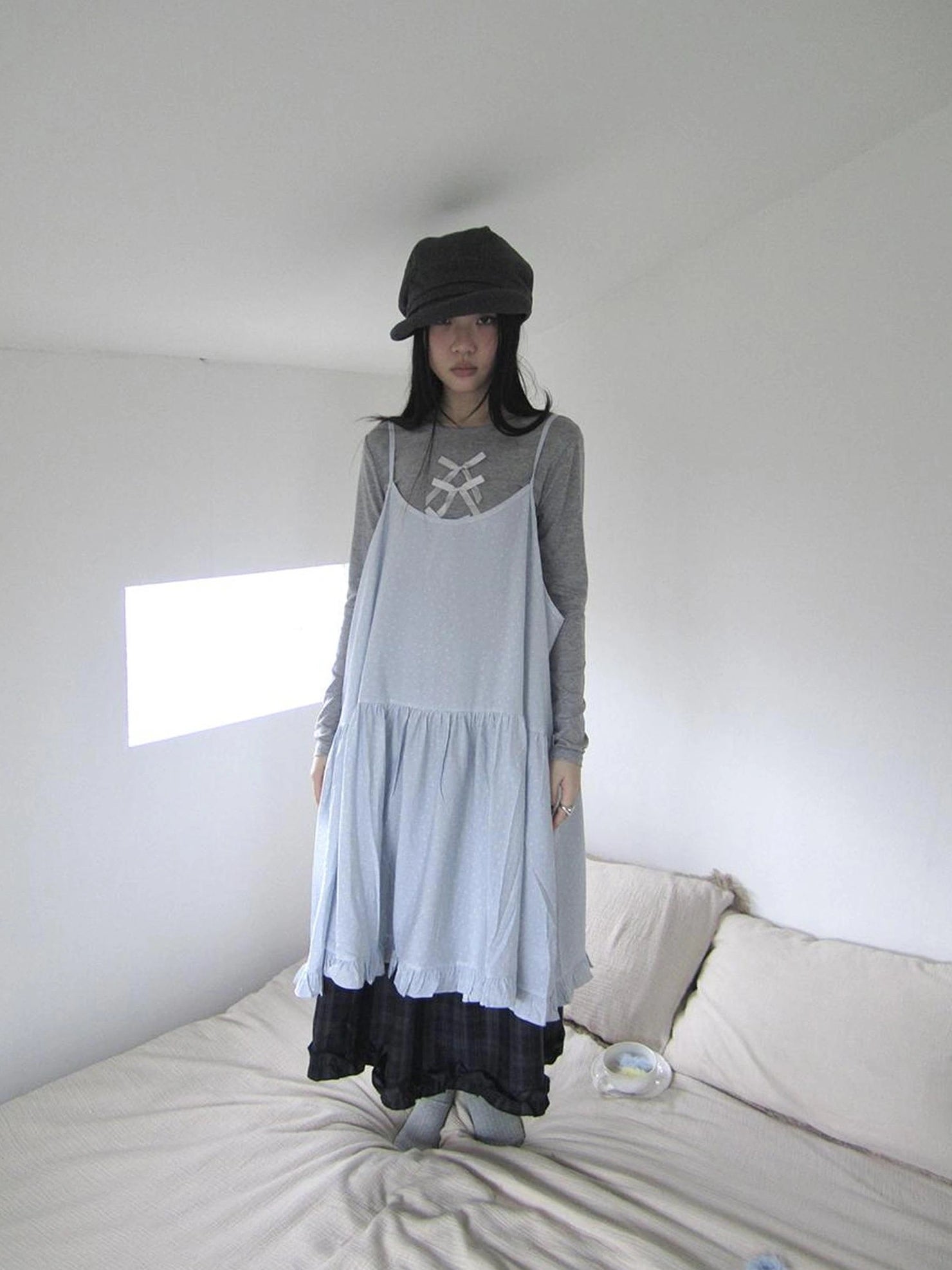 ang project Lightweight Polka Dot Print Layered Slip Dress V-neck T-shirt Long Sleeve Dresses