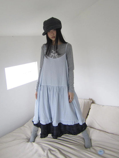 ang project Lightweight Polka Dot Print Layered Slip Dress V-neck T-shirt Long Sleeve Dresses