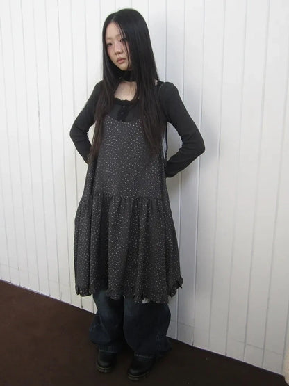 ang project Lightweight Polka Dot Print Layered Slip Dress V-neck T-shirt Long Sleeve Dresses