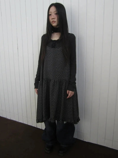 ang project Lightweight Polka Dot Print Layered Slip Dress V-neck T-shirt Long Sleeve Dresses