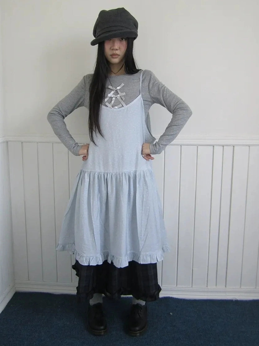 ang project Lightweight Polka Dot Print Layered Slip Dress V-neck T-shirt Long Sleeve Dresses