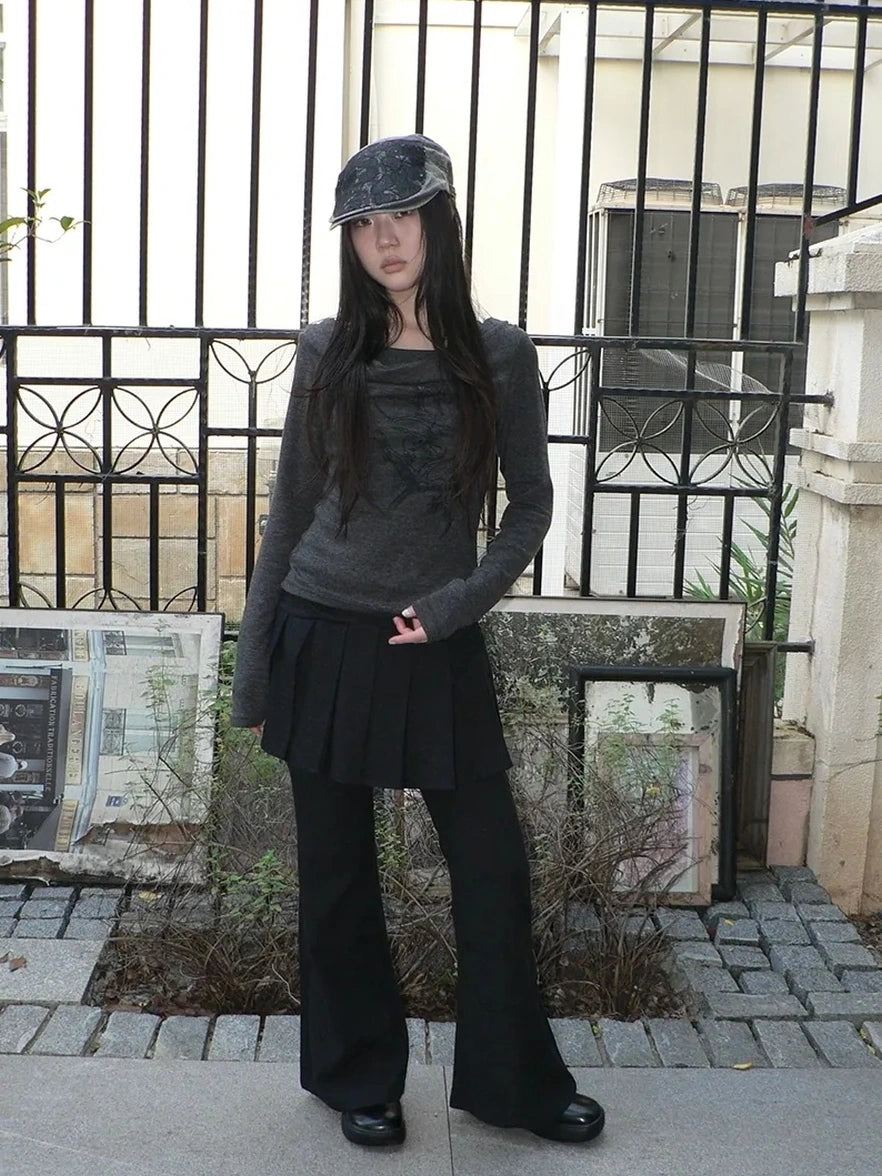 ang project Lightweight Printed Draped Neck Slim Fit Long Sleeve Top T-shirt