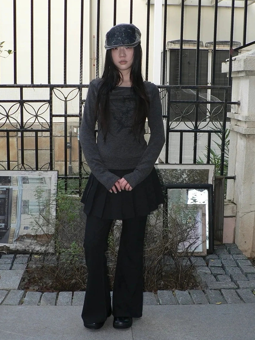 ang project Lightweight Printed Draped Neck Slim Fit Long Sleeve Top T-shirt