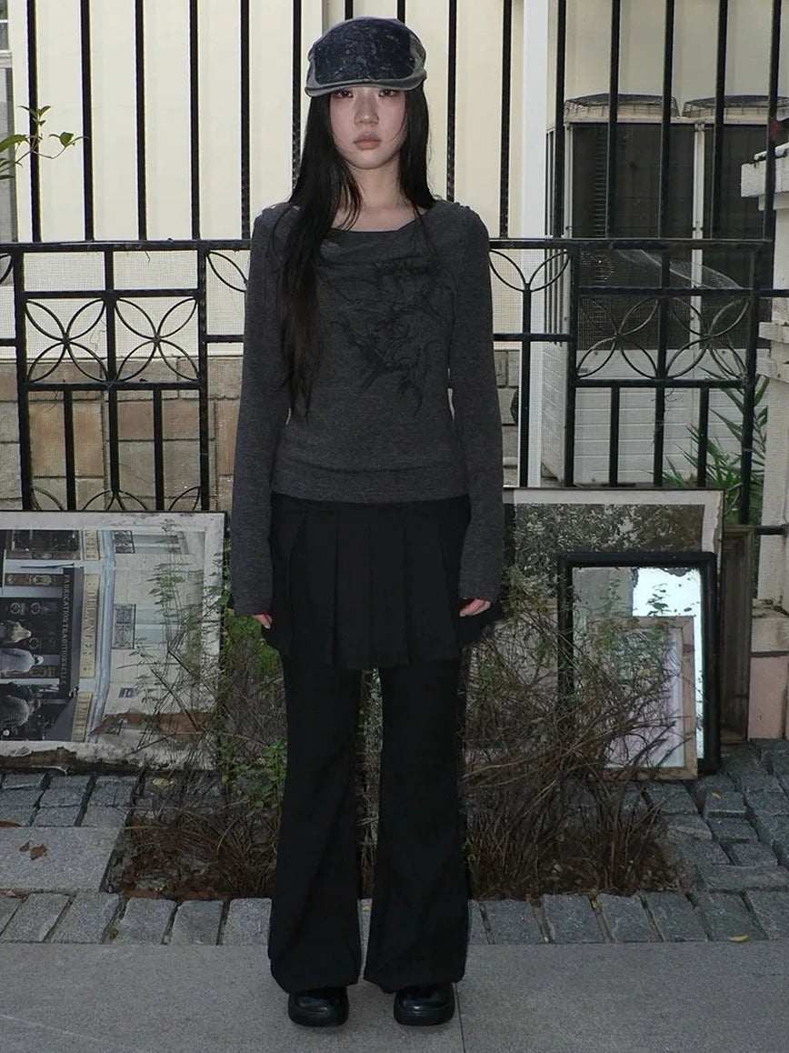 ang project Lightweight Printed Draped Neck Slim Fit Long Sleeve Top T-shirt