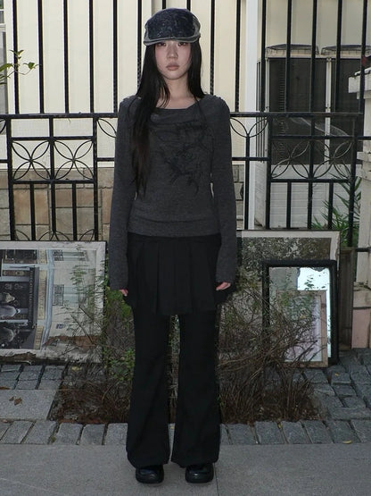 ang project Lightweight Printed Draped Neck Slim Fit Long Sleeve Top T-shirt