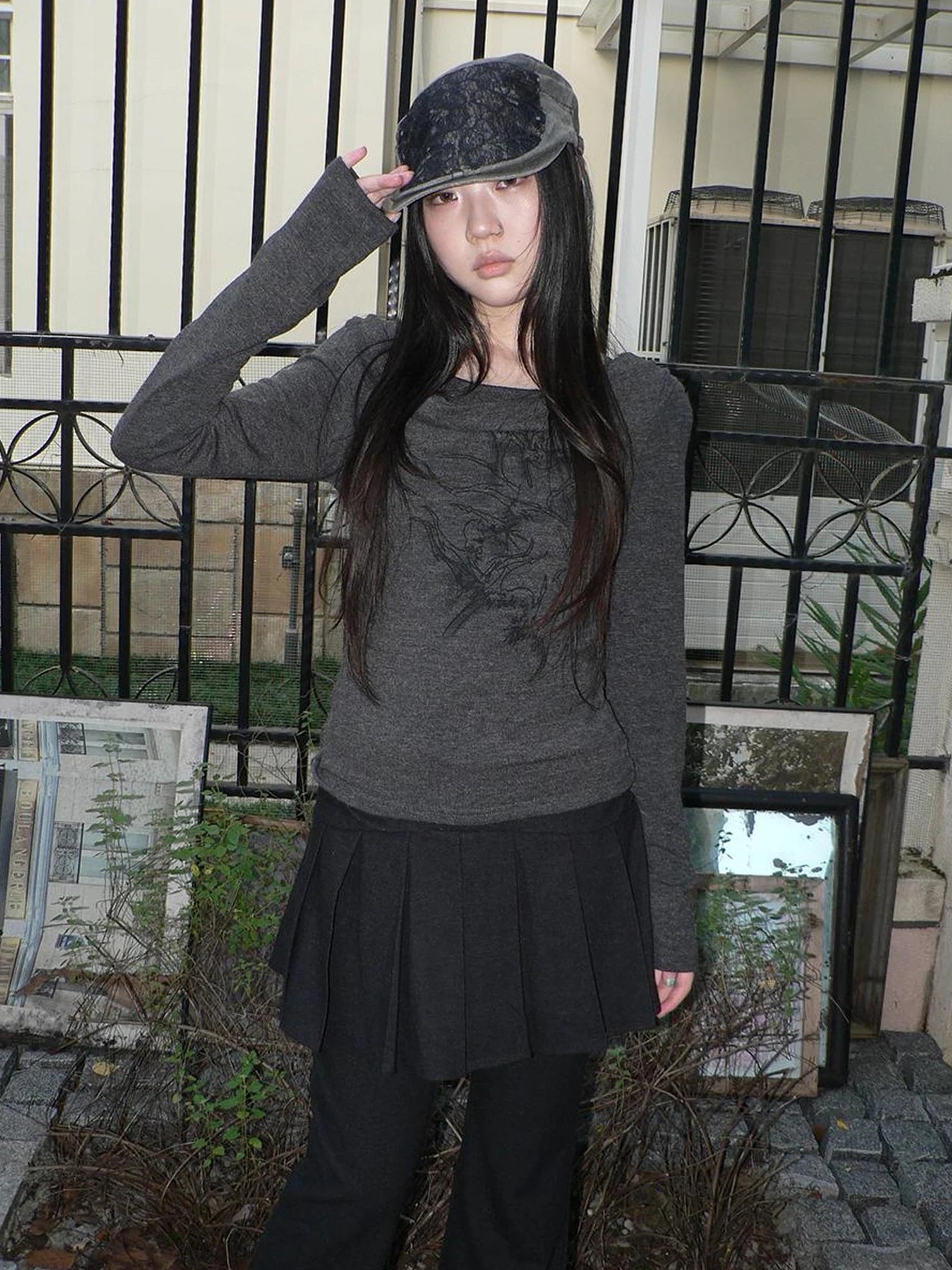 ang project Lightweight Printed Draped Neck Slim Fit Long Sleeve Top T-shirt