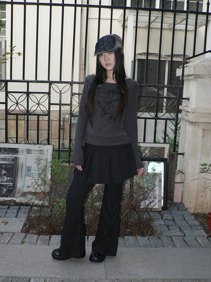 ang project Lightweight Printed Draped Neck Slim Fit Long Sleeve Top T-shirt