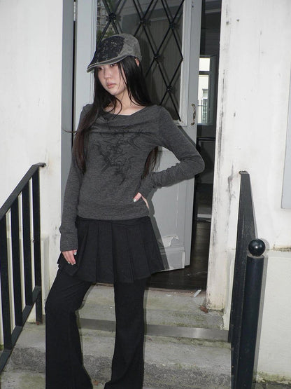 ang project Lightweight Printed Draped Neck Slim Fit Long Sleeve Top T-shirt