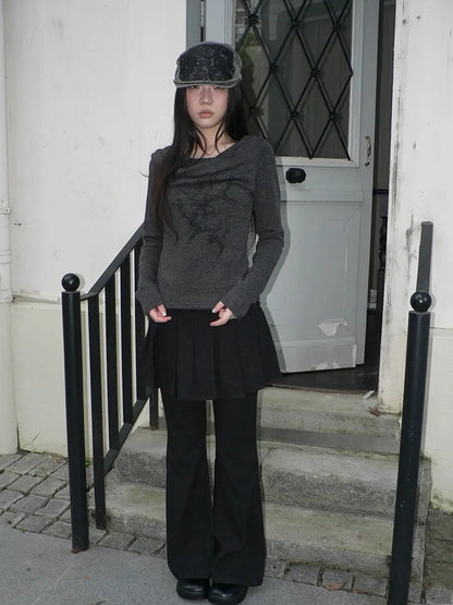 ang project Lightweight Printed Draped Neck Slim Fit Long Sleeve Top T-shirt