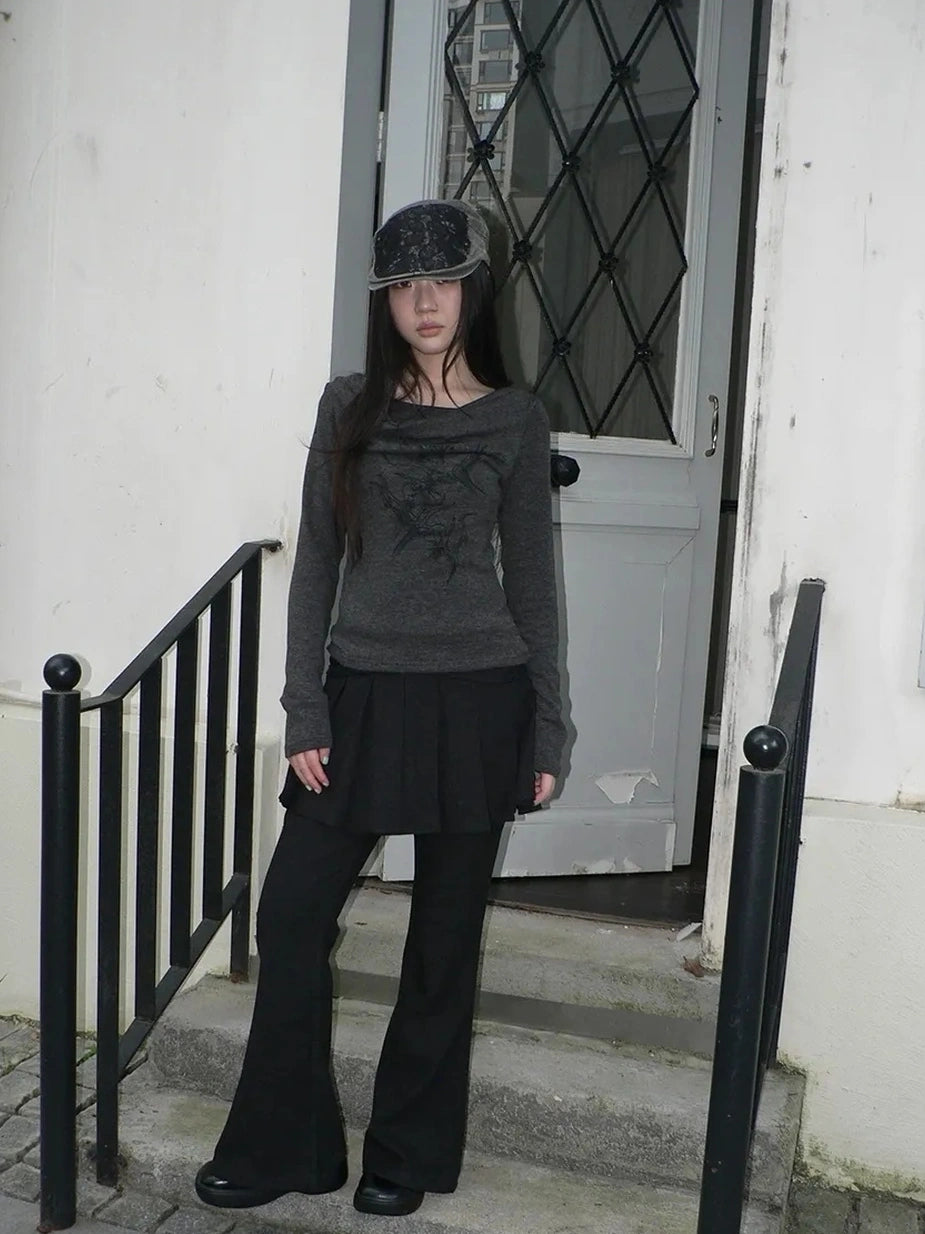 ang project Lightweight Printed Draped Neck Slim Fit Long Sleeve Top T-shirt