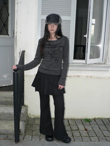 ang project Lightweight Printed Draped Neck Slim Fit Long Sleeve Top T-shirt