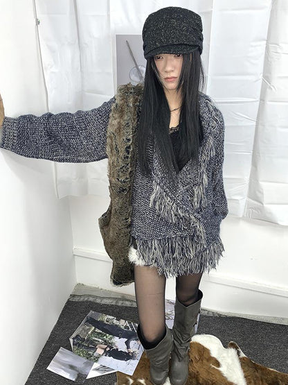 Updateang project Lightweight Tassel Cross Lapel Color Block Knit Cardigan