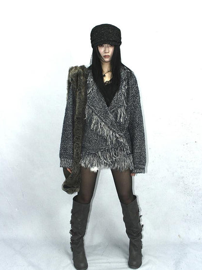 Updateang project Lightweight Tassel Cross Lapel Color Block Knit Cardigan