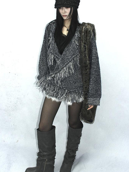 Updateang project Lightweight Tassel Cross Lapel Color Block Knit Cardigan