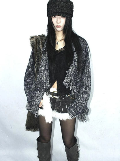 Lightweight Tassel Cross Lapel Color Block Knit Cardigan