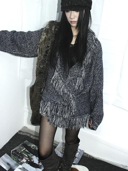 Updateang project Lightweight Tassel Cross Lapel Color Block Knit Cardigan