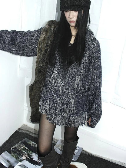 Lightweight Tassel Cross Lapel Color Block Knit Cardigan