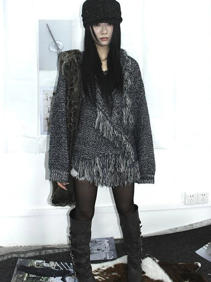 Lightweight Tassel Cross Lapel Color Block Knit Cardigan