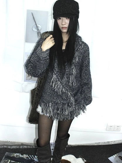 Lightweight Tassel Cross Lapel Color Block Knit Cardigan