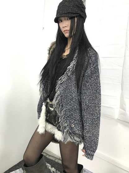 Updateang project Lightweight Tassel Cross Lapel Color Block Knit Cardigan