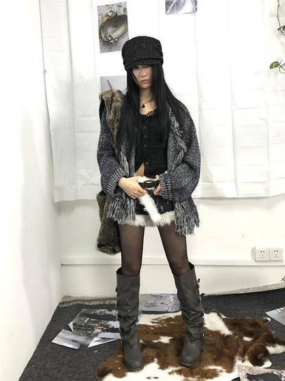 Updateang project Lightweight Tassel Cross Lapel Color Block Knit Cardigan