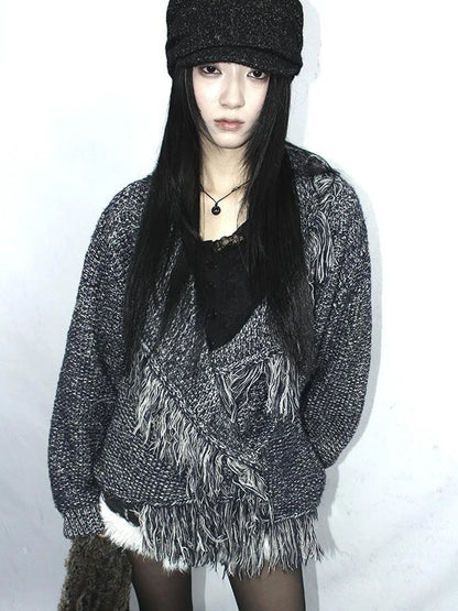 Lightweight Tassel Cross Lapel Color Block Knit Cardigan