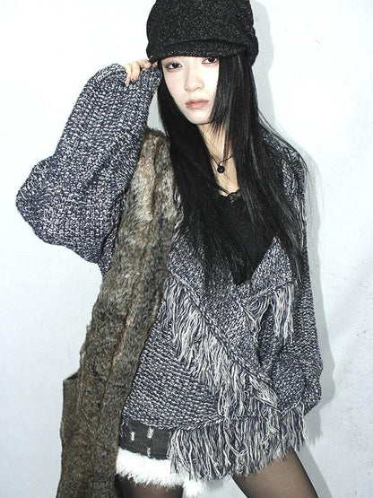 Updateang project Lightweight Tassel Cross Lapel Color Block Knit Cardigan