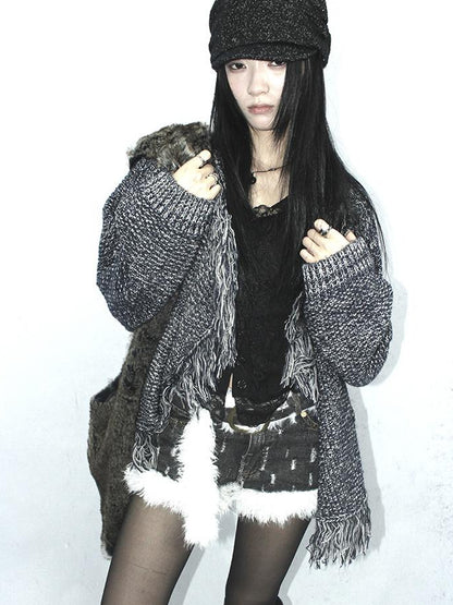 Updateang project Lightweight Tassel Cross Lapel Color Block Knit Cardigan