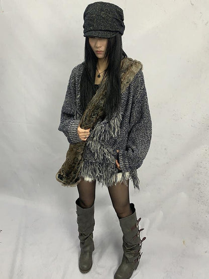 Updateang project Lightweight Tassel Cross Lapel Color Block Knit Cardigan