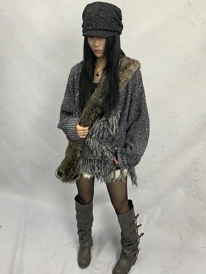 Lightweight Tassel Cross Lapel Color Block Knit Cardigan