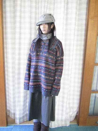 ang project Loose Fit Fair Isle Jacquard Striped Polo Collar Long Sleeve Women&