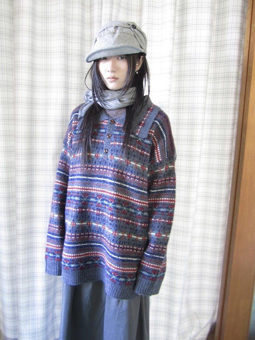 ang project Loose Fit Fair Isle Jacquard Striped Polo Collar Long Sleeve Women&