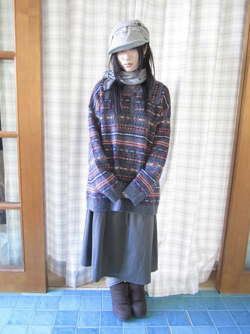 ang project Loose Fit Fair Isle Jacquard Striped Polo Collar Long Sleeve Women&
