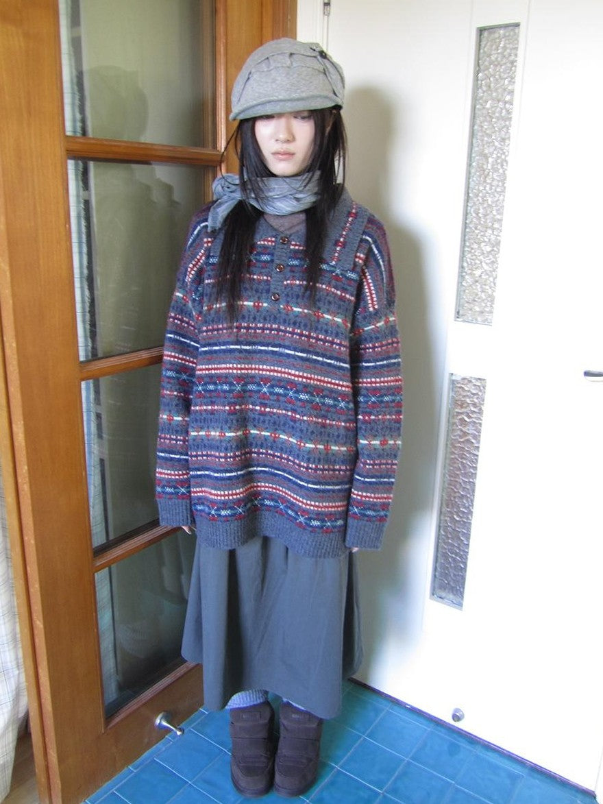 ang project Loose Fit Fair Isle Jacquard Striped Polo Collar Long Sleeve Women&