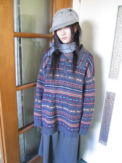 ang project Loose Fit Fair Isle Jacquard Striped Polo Collar Long Sleeve Women&