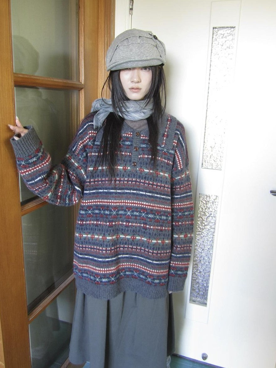 ang project Loose Fit Fair Isle Jacquard Striped Polo Collar Long Sleeve Women&
