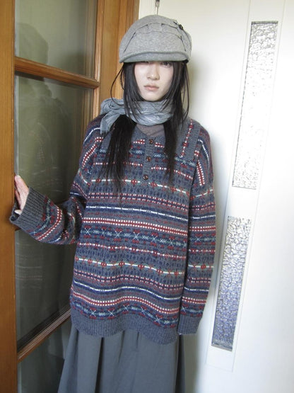 ang project Loose Fit Fair Isle Jacquard Striped Polo Collar Long Sleeve Women&