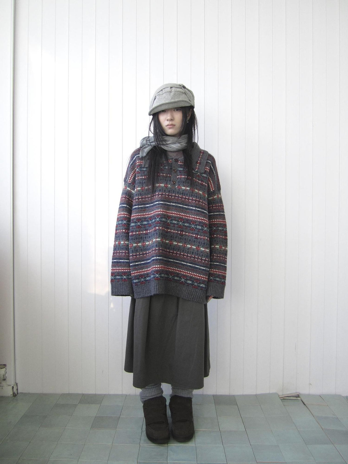 ang project Loose Fit Fair Isle Jacquard Striped Polo Collar Long Sleeve Women&