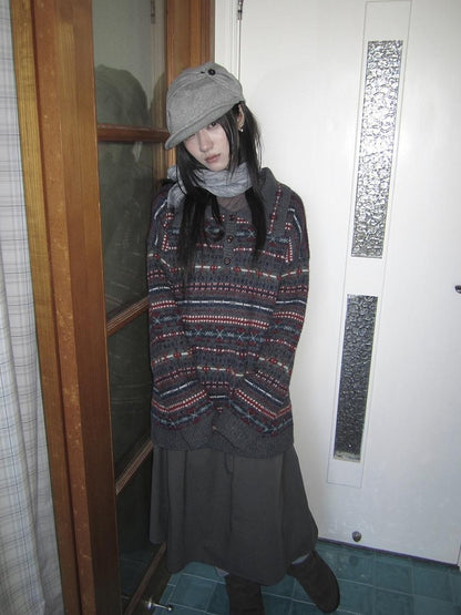 ang project Loose Fit Fair Isle Jacquard Striped Polo Collar Long Sleeve Women&