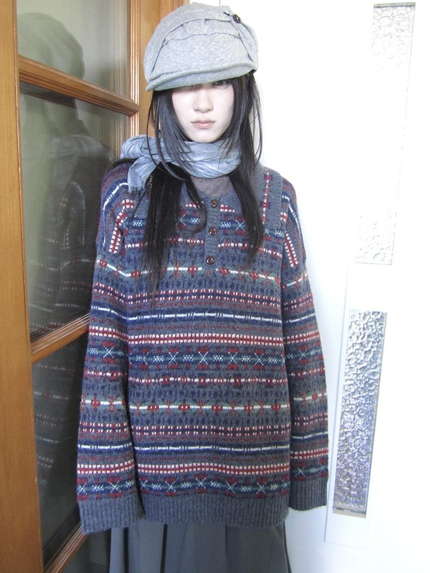 ang project Loose Fit Fair Isle Jacquard Striped Polo Collar Long Sleeve Women&