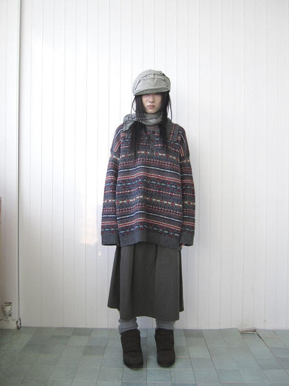 ang project Loose Fit Fair Isle Jacquard Striped Polo Collar Long Sleeve Women&