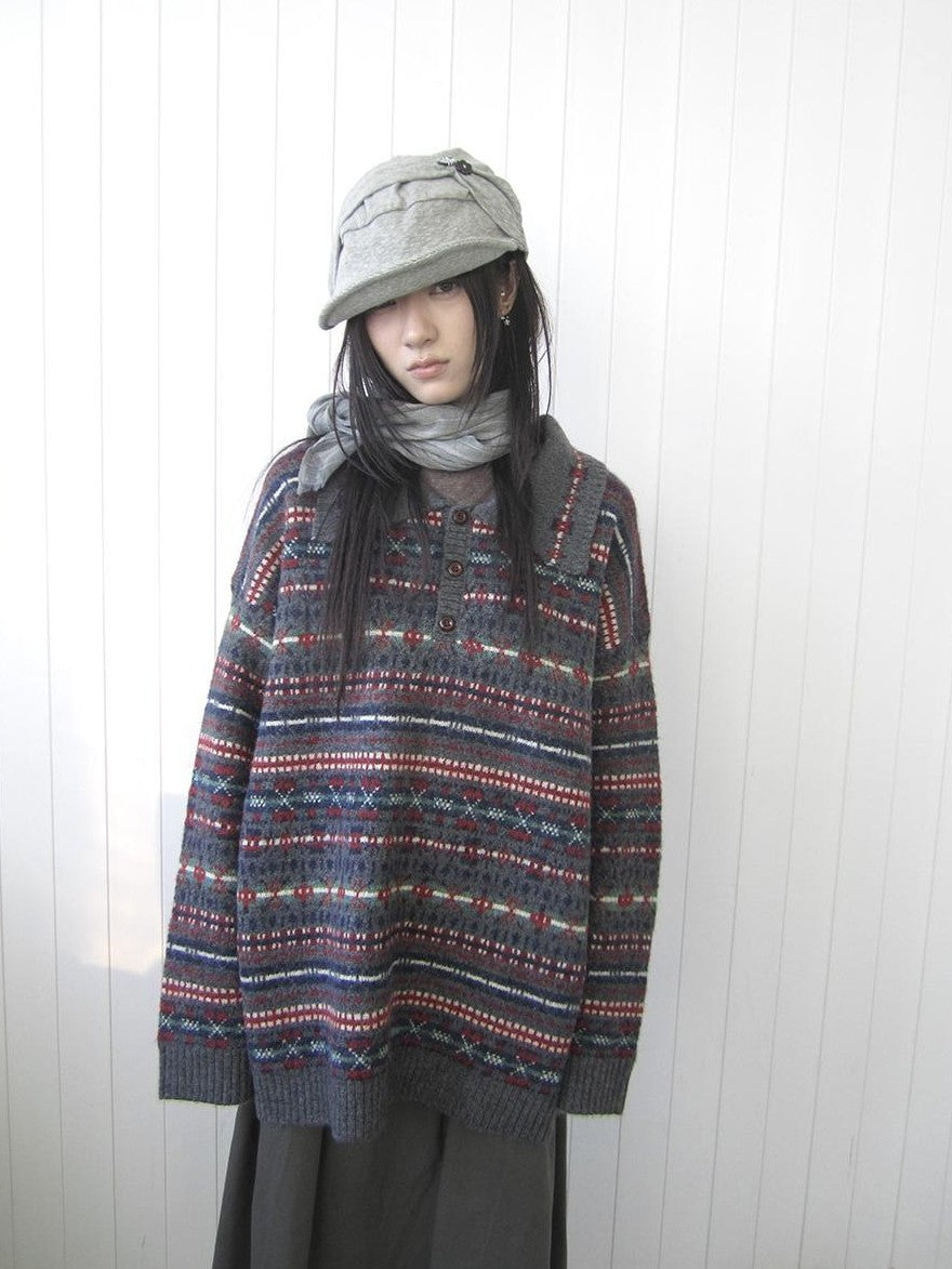 ang project Loose Fit Fair Isle Jacquard Striped Polo Collar Long Sleeve Women&