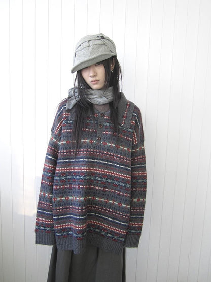 ang project Loose Fit Fair Isle Jacquard Striped Polo Collar Long Sleeve Women&