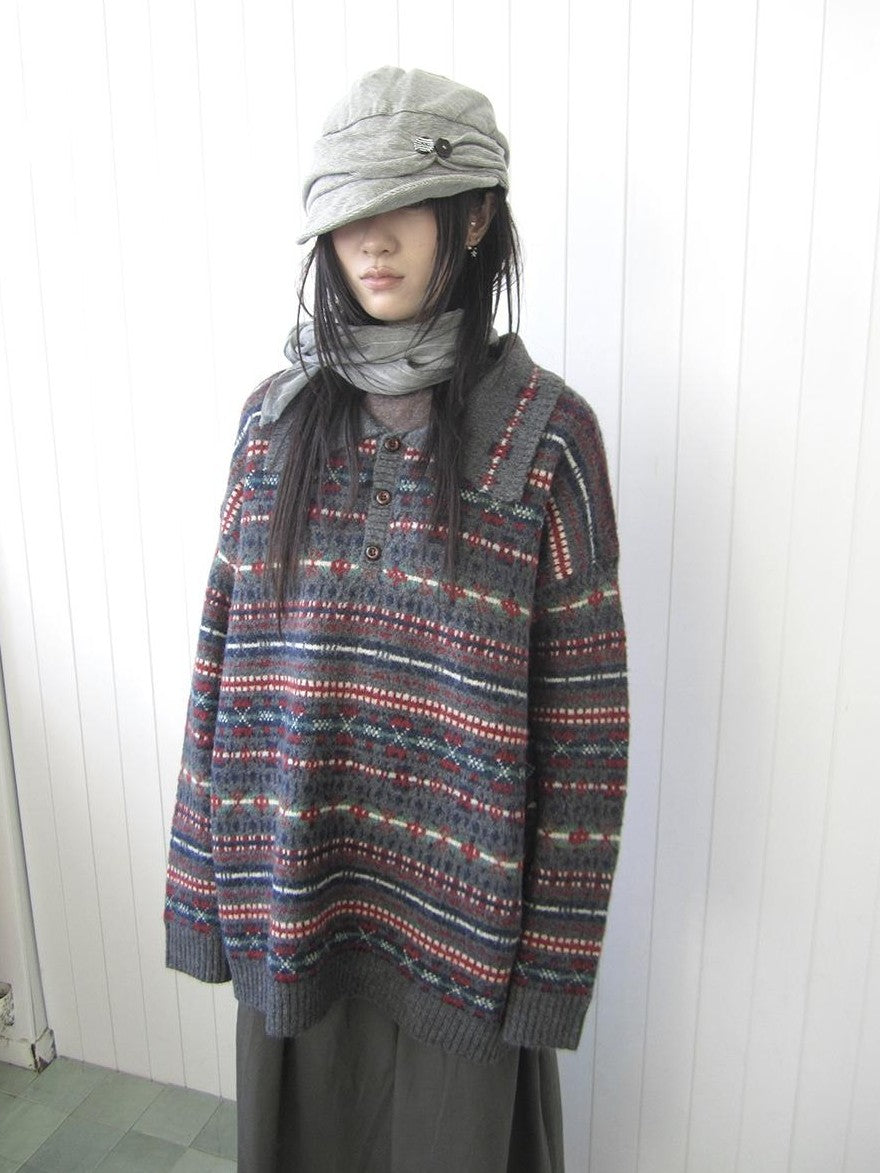 ang project Loose Fit Fair Isle Jacquard Striped Polo Collar Long Sleeve Women&