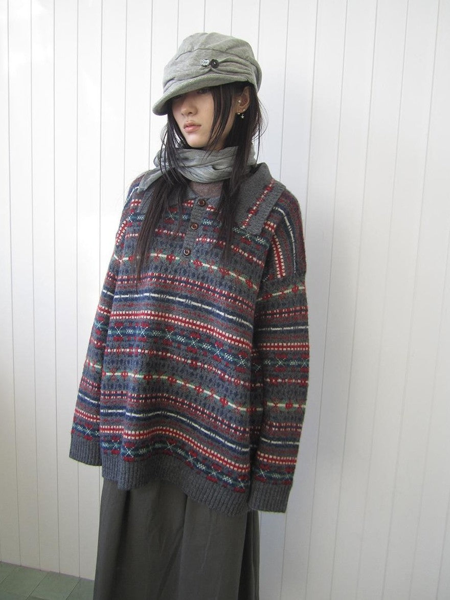 ang project Loose Fit Fair Isle Jacquard Striped Polo Collar Long Sleeve Women&