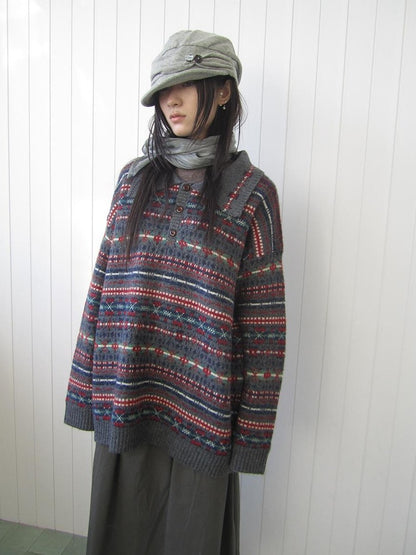 ang project Loose Fit Fair Isle Jacquard Striped Polo Collar Long Sleeve Women&