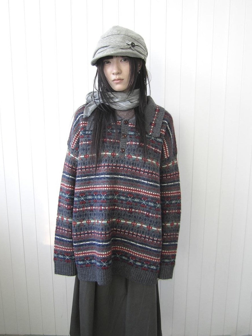 ang project Loose Fit Fair Isle Jacquard Striped Polo Collar Long Sleeve Women&