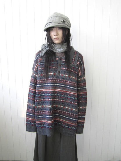 ang project Loose Fit Fair Isle Jacquard Striped Polo Collar Long Sleeve Women&