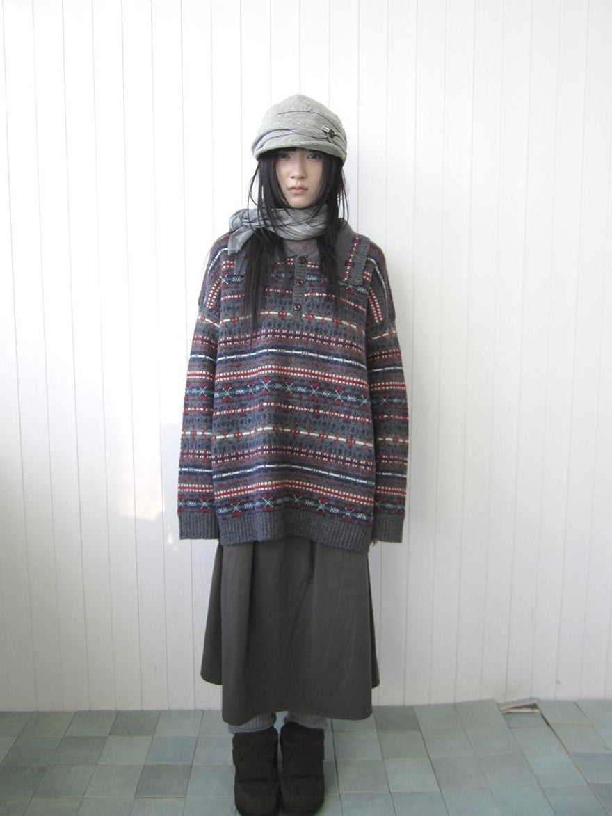 ang project Loose Fit Fair Isle Jacquard Striped Polo Collar Long Sleeve Women&